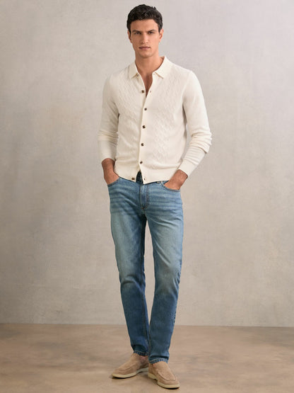 Reiss Wool V-Stitch Button-Through Cardigan in Off White