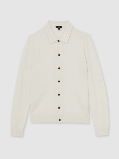 Reiss Wool V-Stitch Button-Through Cardigan in Off White
