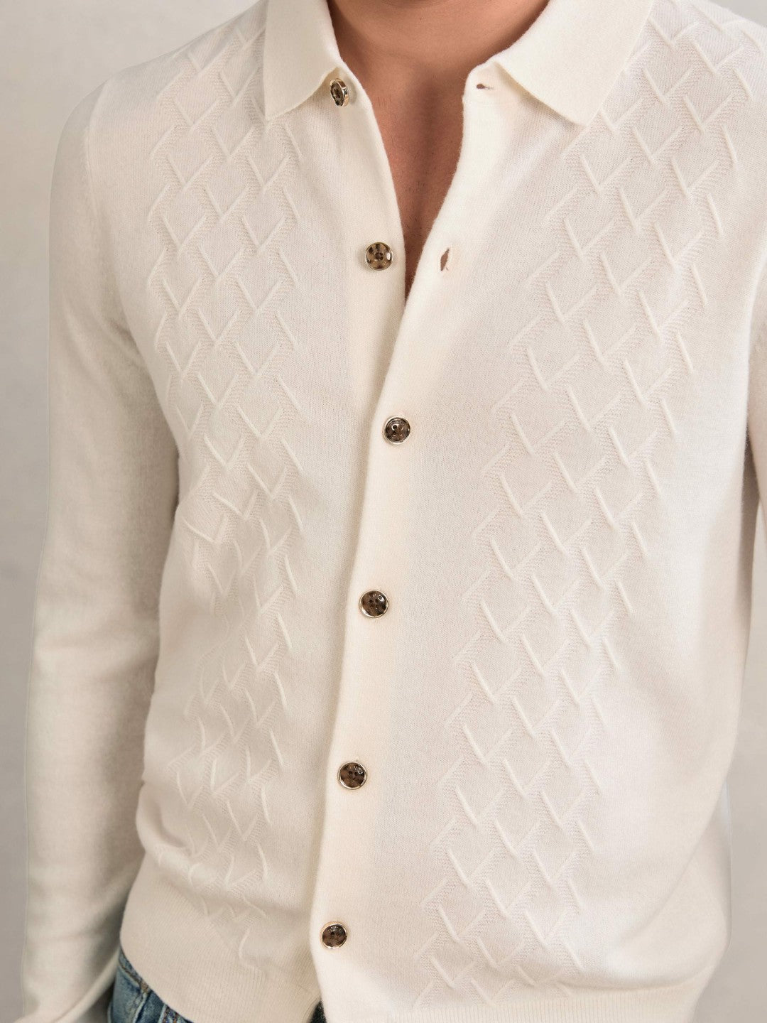 Reiss Wool V-Stitch Button-Through Cardigan in Off White