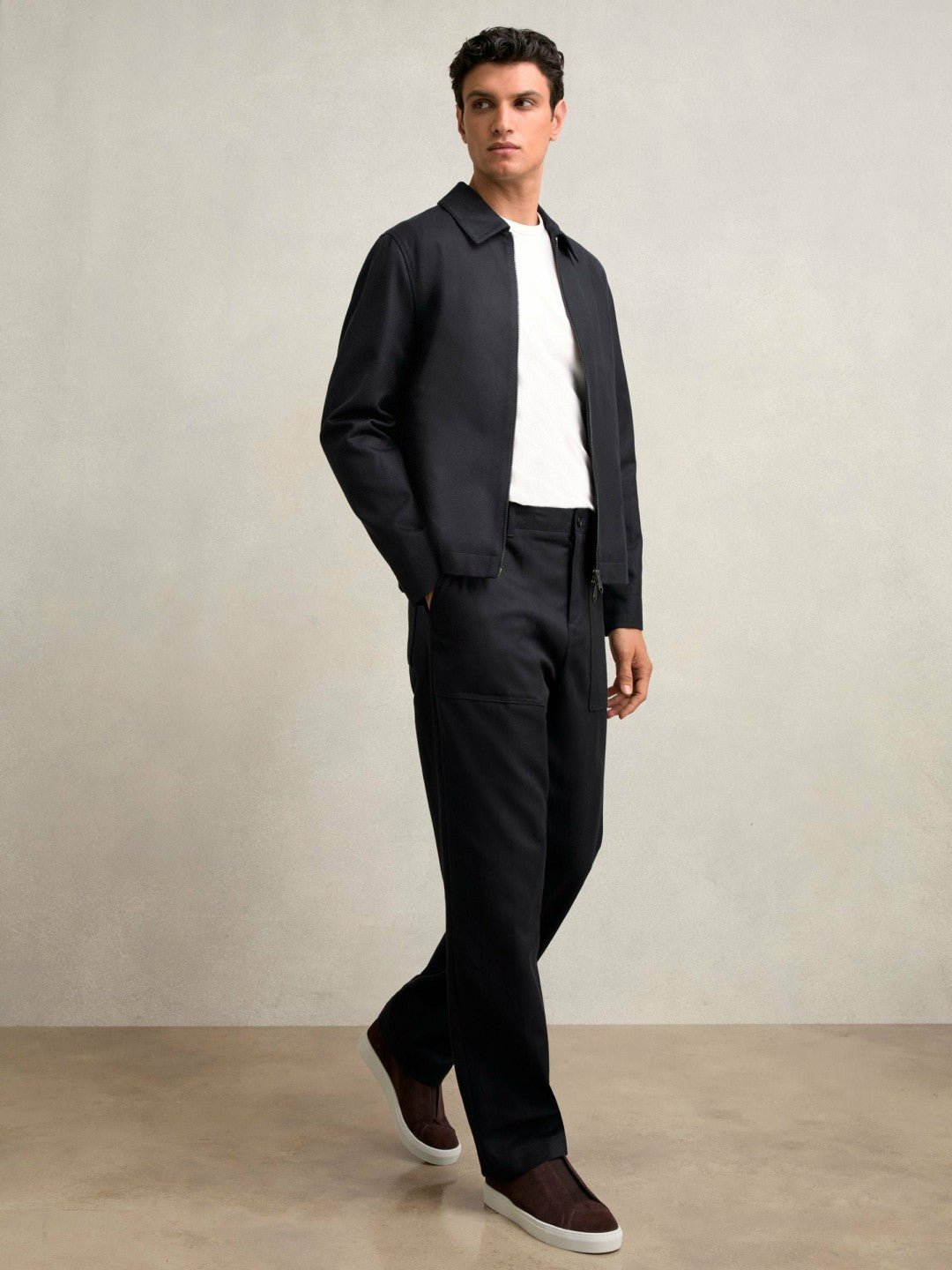 Reiss Lyocell-Cotton Zip-Through Twill Jacket in Navy