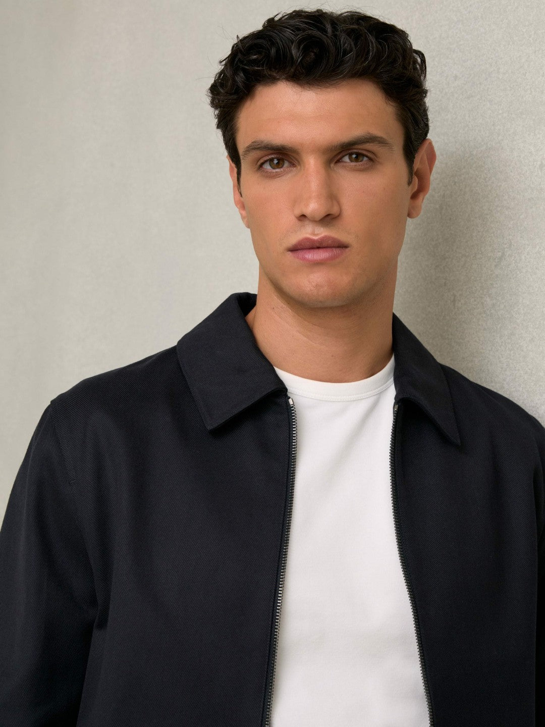 Reiss Lyocell-Cotton Zip-Through Twill Jacket in Navy