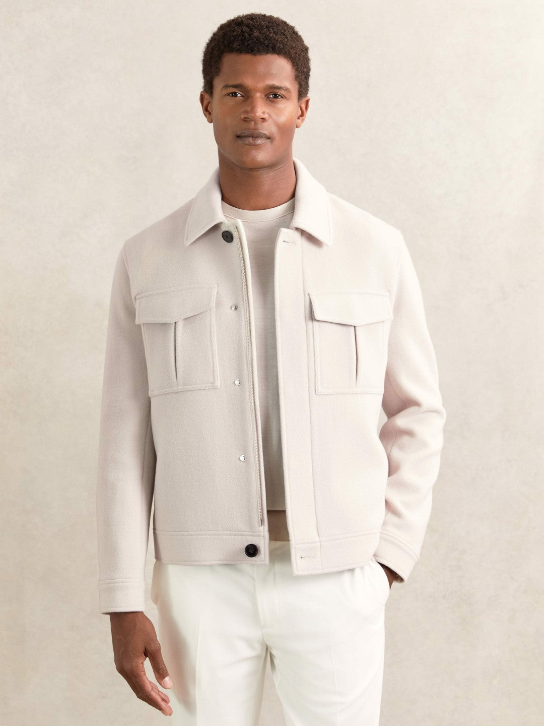 Reiss Wool Blend Twin Pocket Zipped Jacket in Ivory