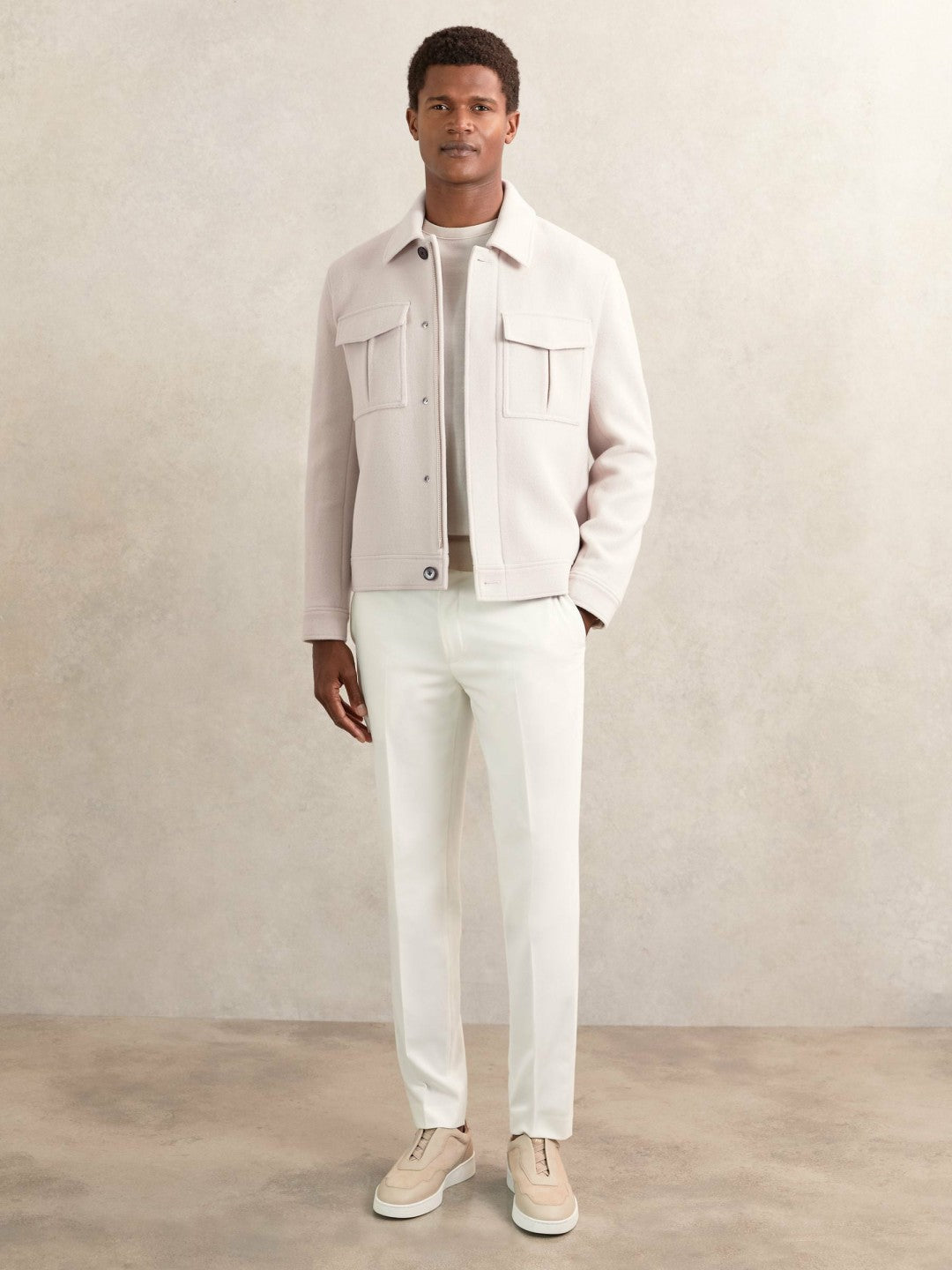 Reiss Wool Blend Twin Pocket Zipped Jacket in Ivory
