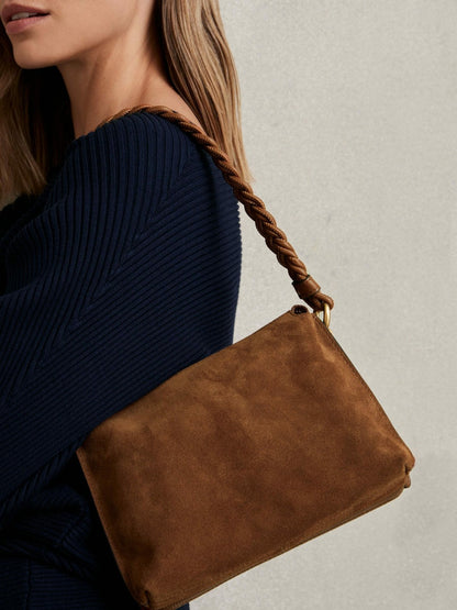 Reiss Suede Plaited-Strap Cross-Body Bag in Tan