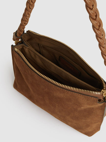 Reiss Suede Plaited-Strap Cross-Body Bag in Tan