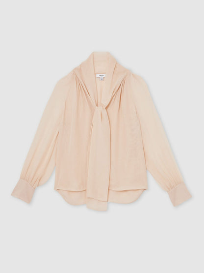 Reiss Silk Blend Chiffon Tie-Neck Blouse in Pale Pink