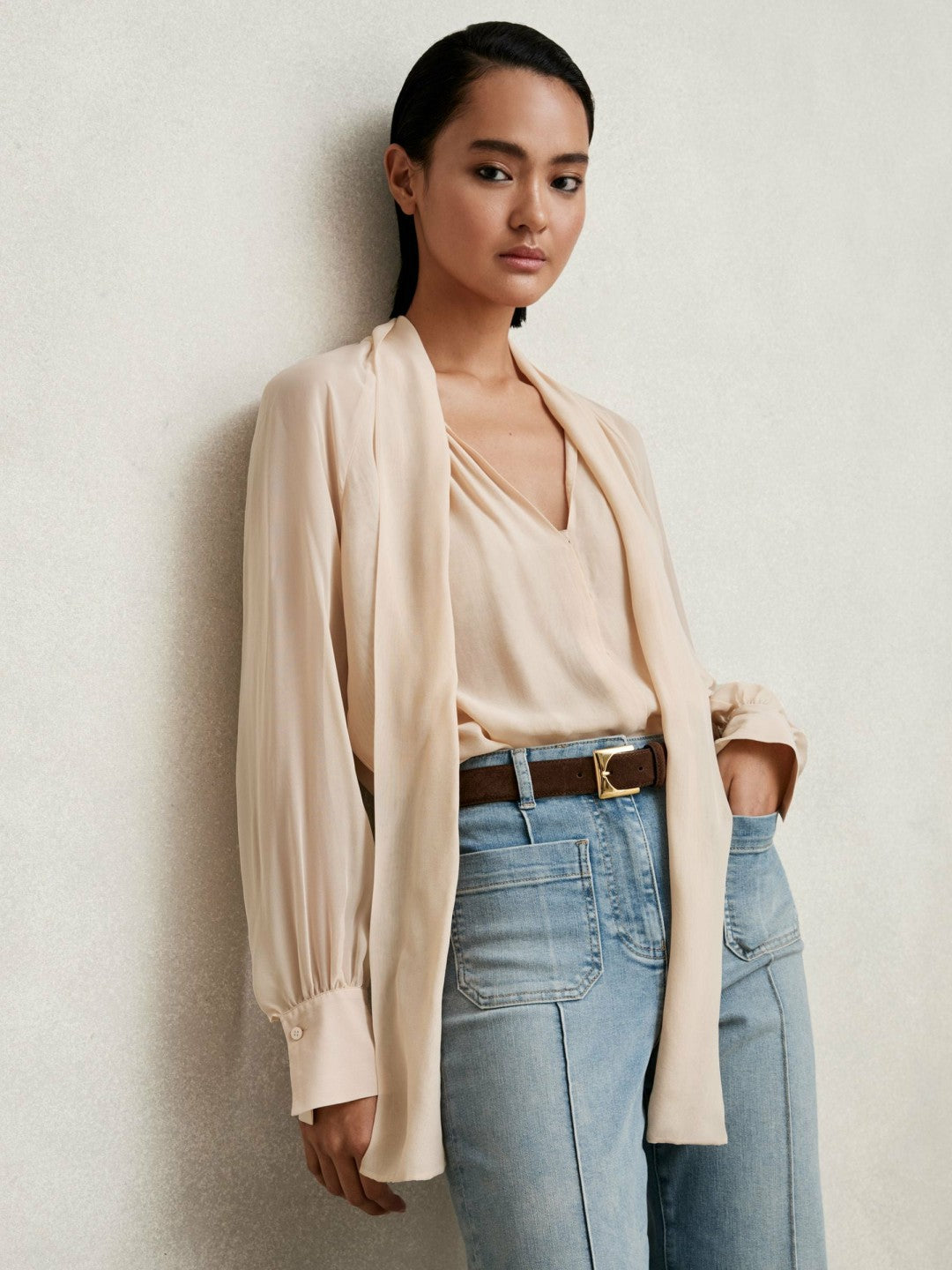 Reiss Silk Blend Chiffon Tie-Neck Blouse in Pale Pink