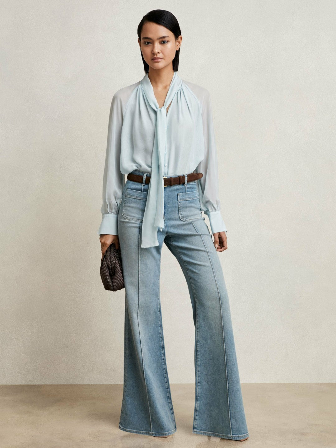 Reiss Silk Blend Chiffon Tie-Neck Blouse in Pale Blue