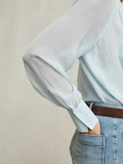 Reiss Silk Blend Chiffon Tie-Neck Blouse in Pale Blue