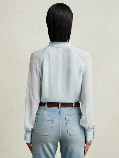 Reiss Silk Blend Chiffon Tie-Neck Blouse in Pale Blue