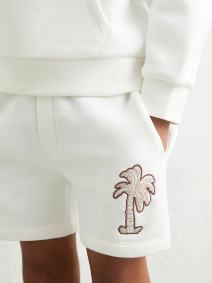 Reiss 13-14 yrs Cotton Blend Palm Embroidered Shorts in Off White