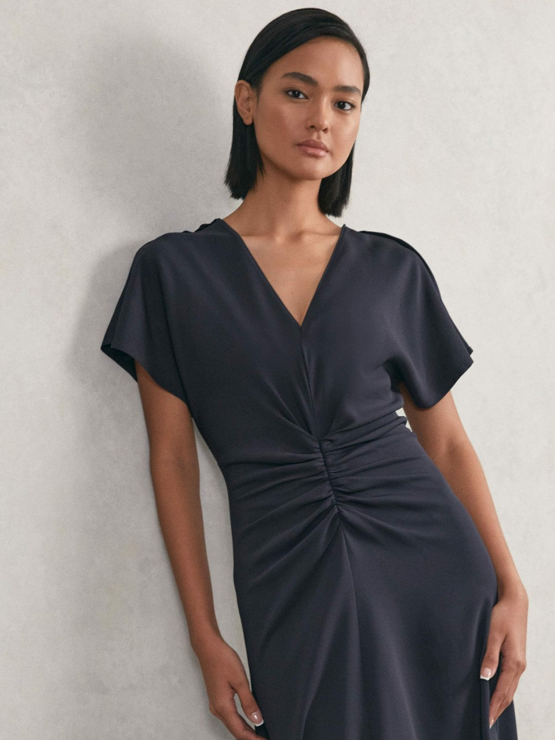 Reiss Petite Ruched-Front Midi Dress in Navy