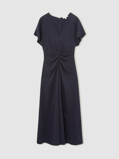 Reiss Petite Ruched-Front Midi Dress in Navy