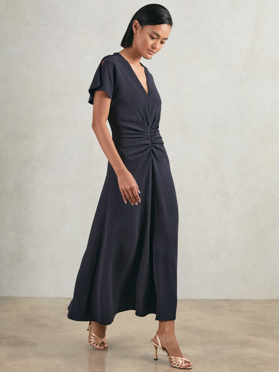 Reiss Petite Ruched-Front Midi Dress in Navy