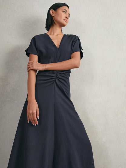 Reiss Petite Ruched-Front Midi Dress in Navy