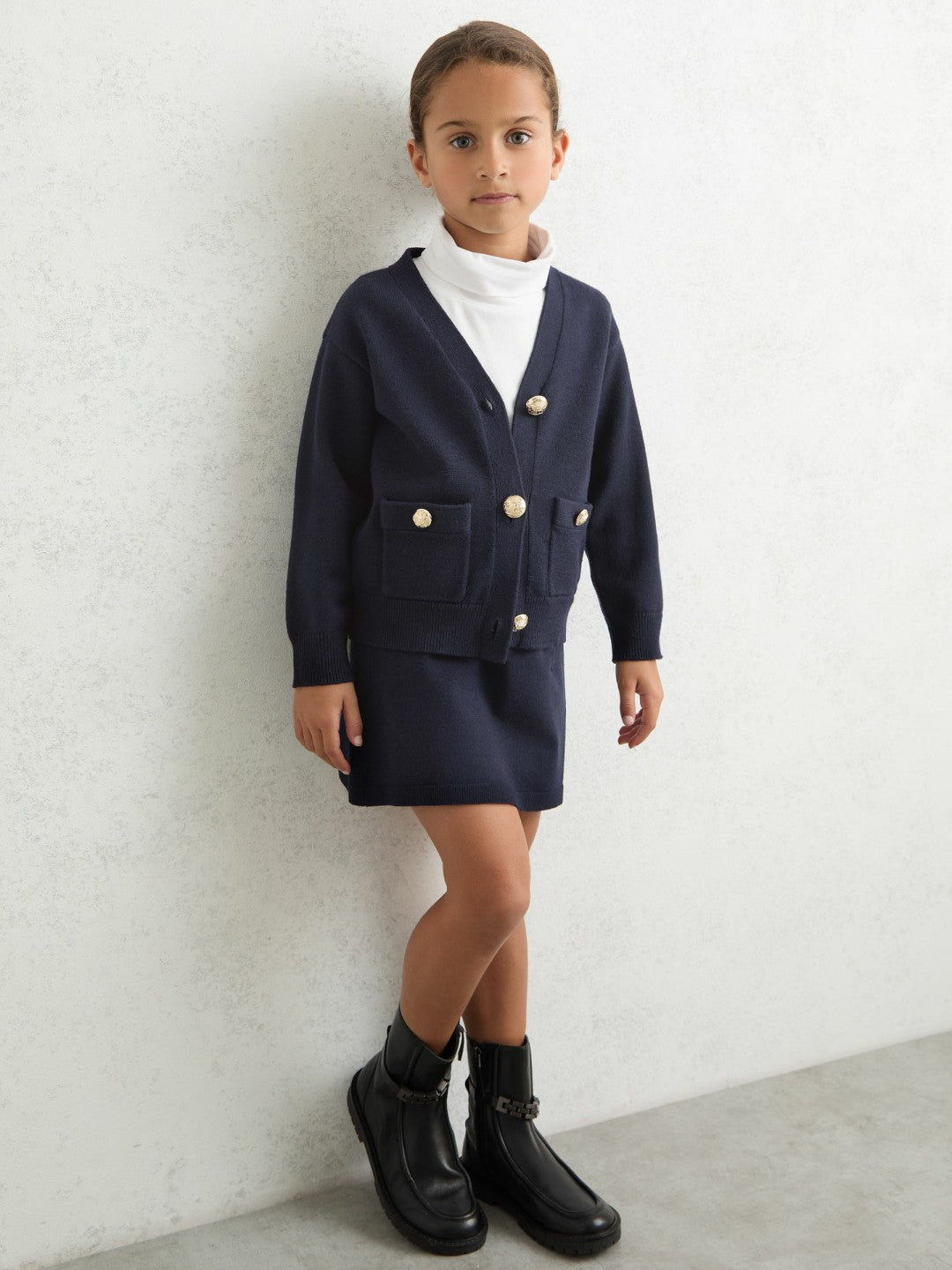 Reiss 3-9 yrs Knitted Embossed-Button Cardigan in Navy