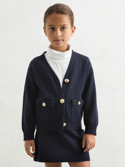 Reiss 3-9 yrs Knitted Embossed-Button Cardigan in Navy