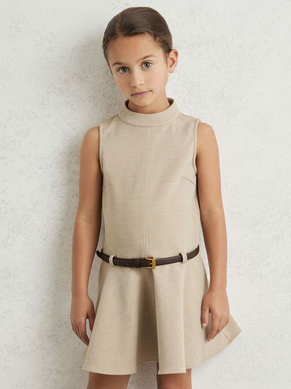 Reiss 9-13 yrs Drop Waist Belted Sleeveless Dress in Neutral