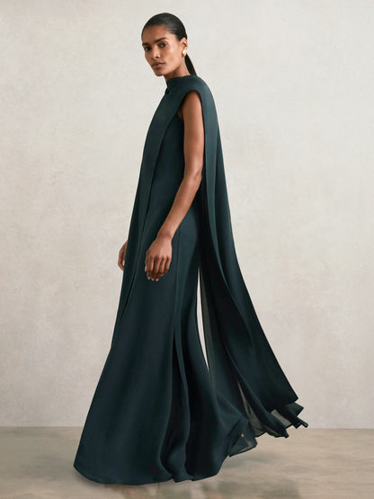 Reiss Petite Crepe Cape Maxi Dress in Teal Green