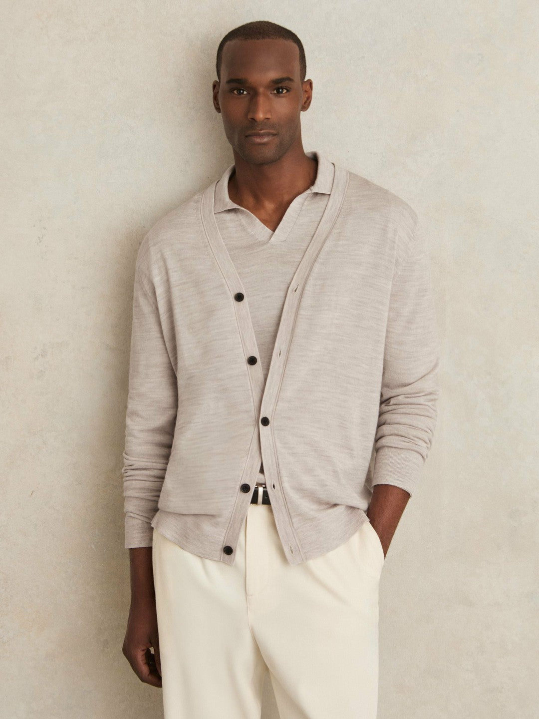 Reiss Merino Wool Button-Through Cardigan in Wicker Brown Melange