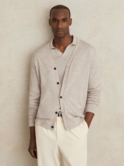 Reiss Merino Wool Button-Through Cardigan in Wicker Brown Melange