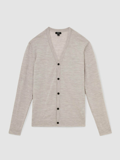 Reiss Merino Wool Button-Through Cardigan in Wicker Brown Melange