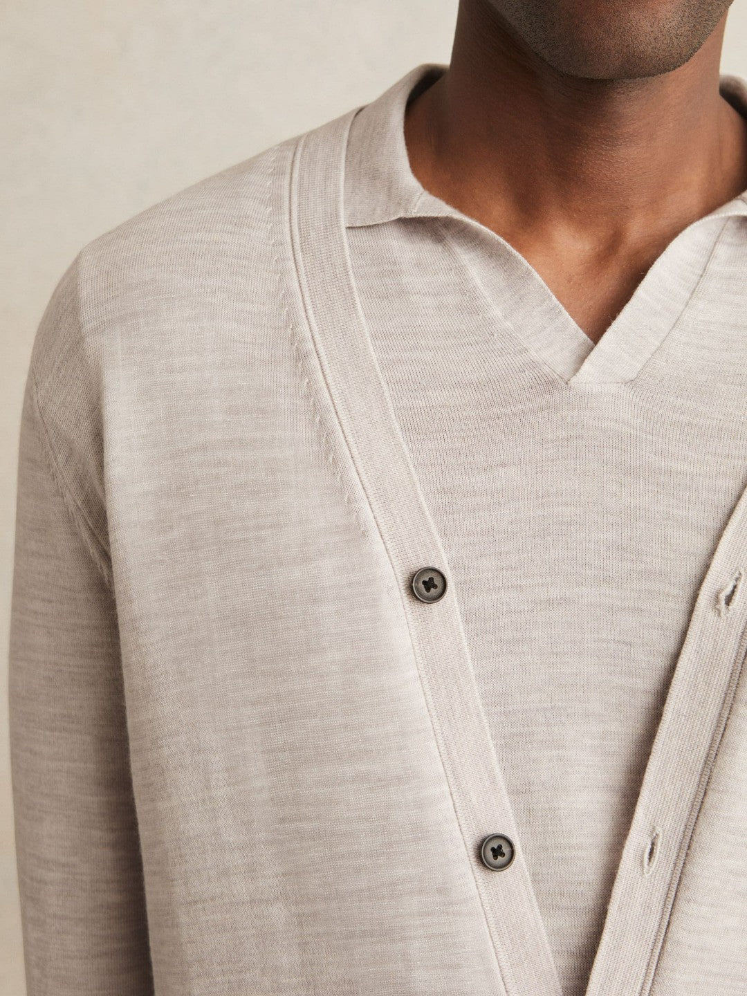 Reiss Merino Wool Button-Through Cardigan in Wicker Brown Melange