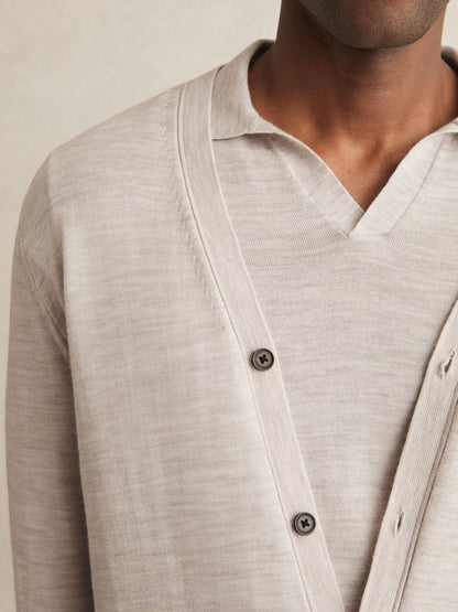Reiss Merino Wool Button-Through Cardigan in Wicker Brown Melange