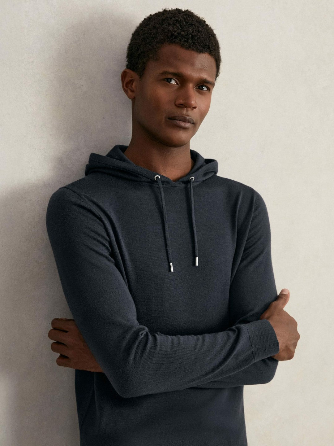 Reiss Merino Wool Drawstring Hoodie in Midnight Navy