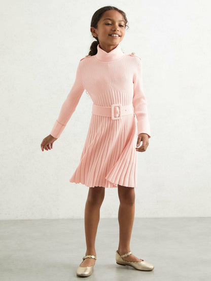 Reiss 13-14 yrs Rib-Knit Roll-Neck Belted Dress in Pink