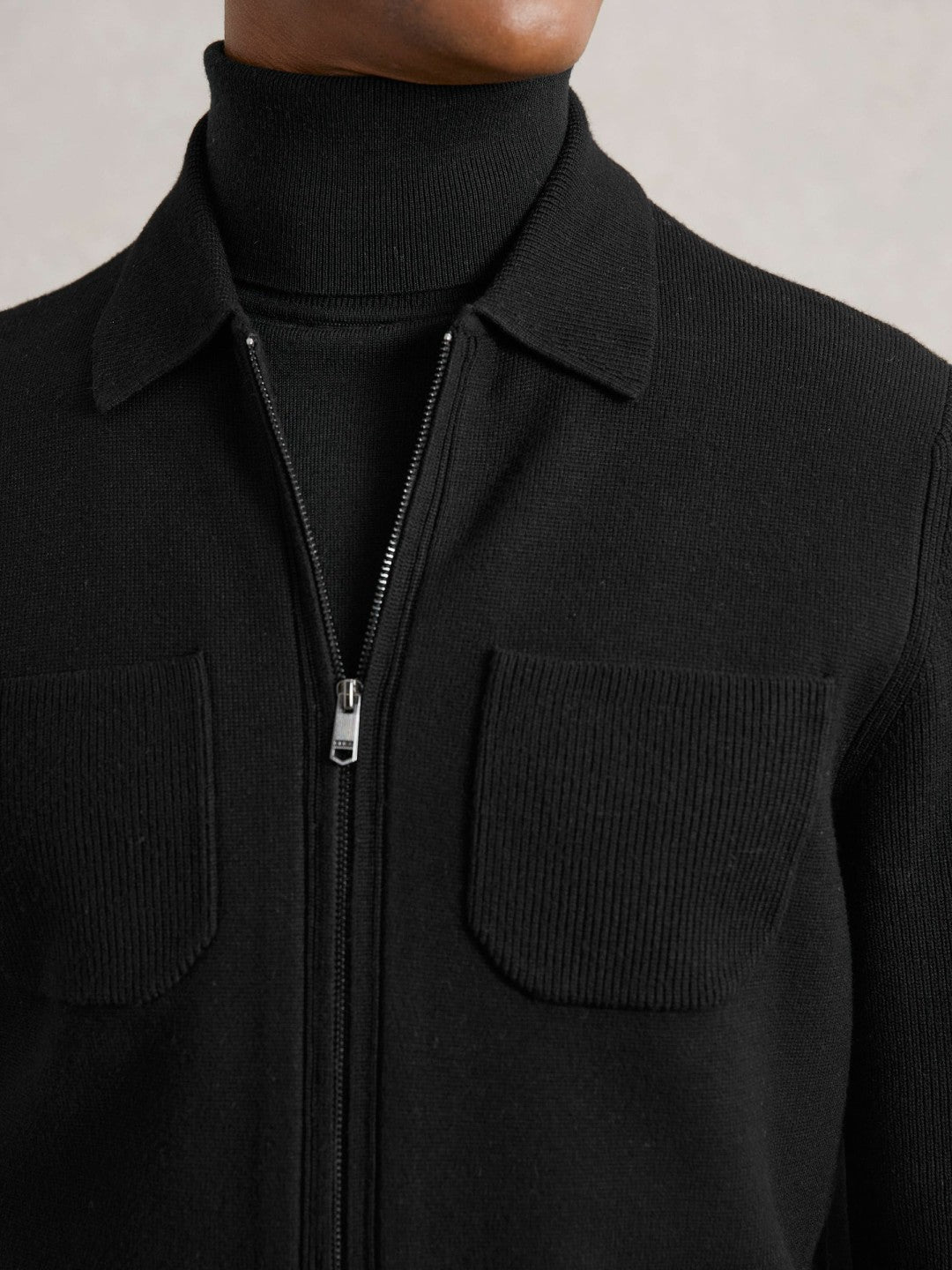 Reiss Four-Pocket Zip-Through Cardigan in Black