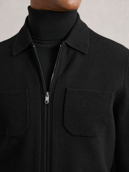 Reiss Four-Pocket Zip-Through Cardigan in Black