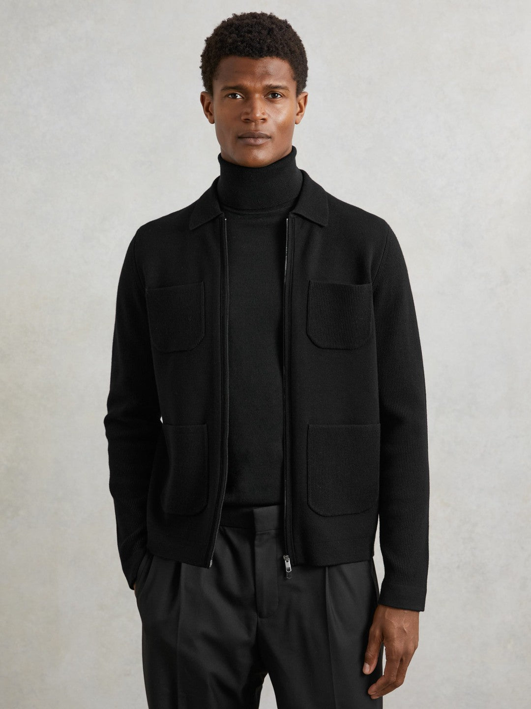 Reiss Four-Pocket Zip-Through Cardigan in Black