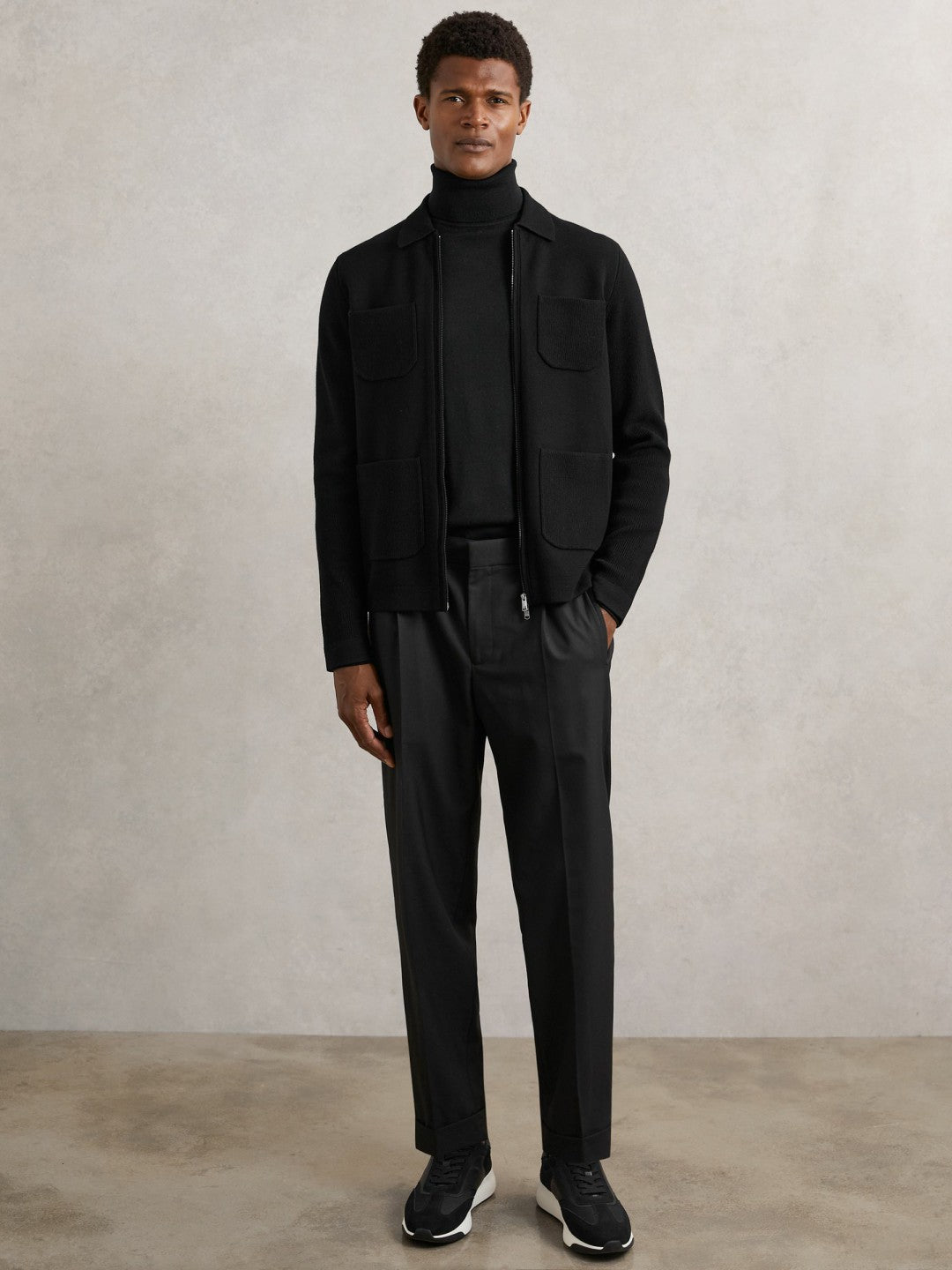 Reiss Four-Pocket Zip-Through Cardigan in Black