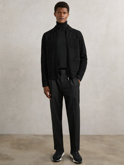 Reiss Four-Pocket Zip-Through Cardigan in Black