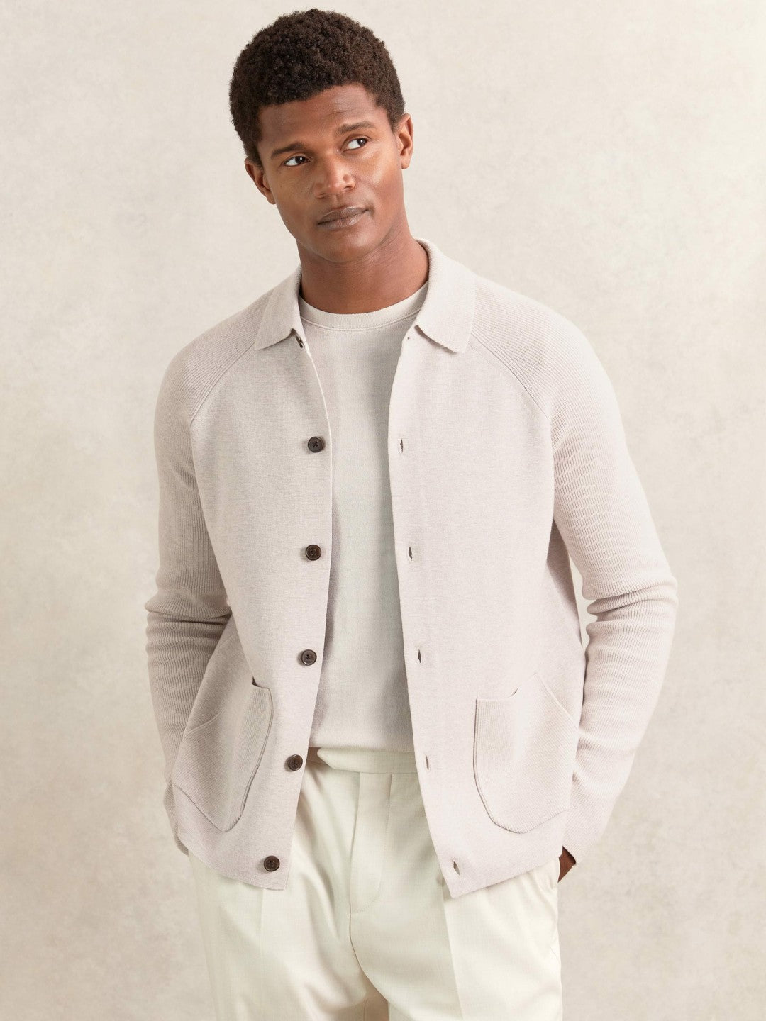Reiss Button-Through Ribbed-Sleeve Shirt in Oatmeal Brown