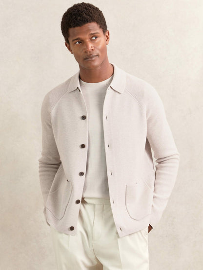 Reiss Button-Through Ribbed-Sleeve Shirt in Oatmeal Brown