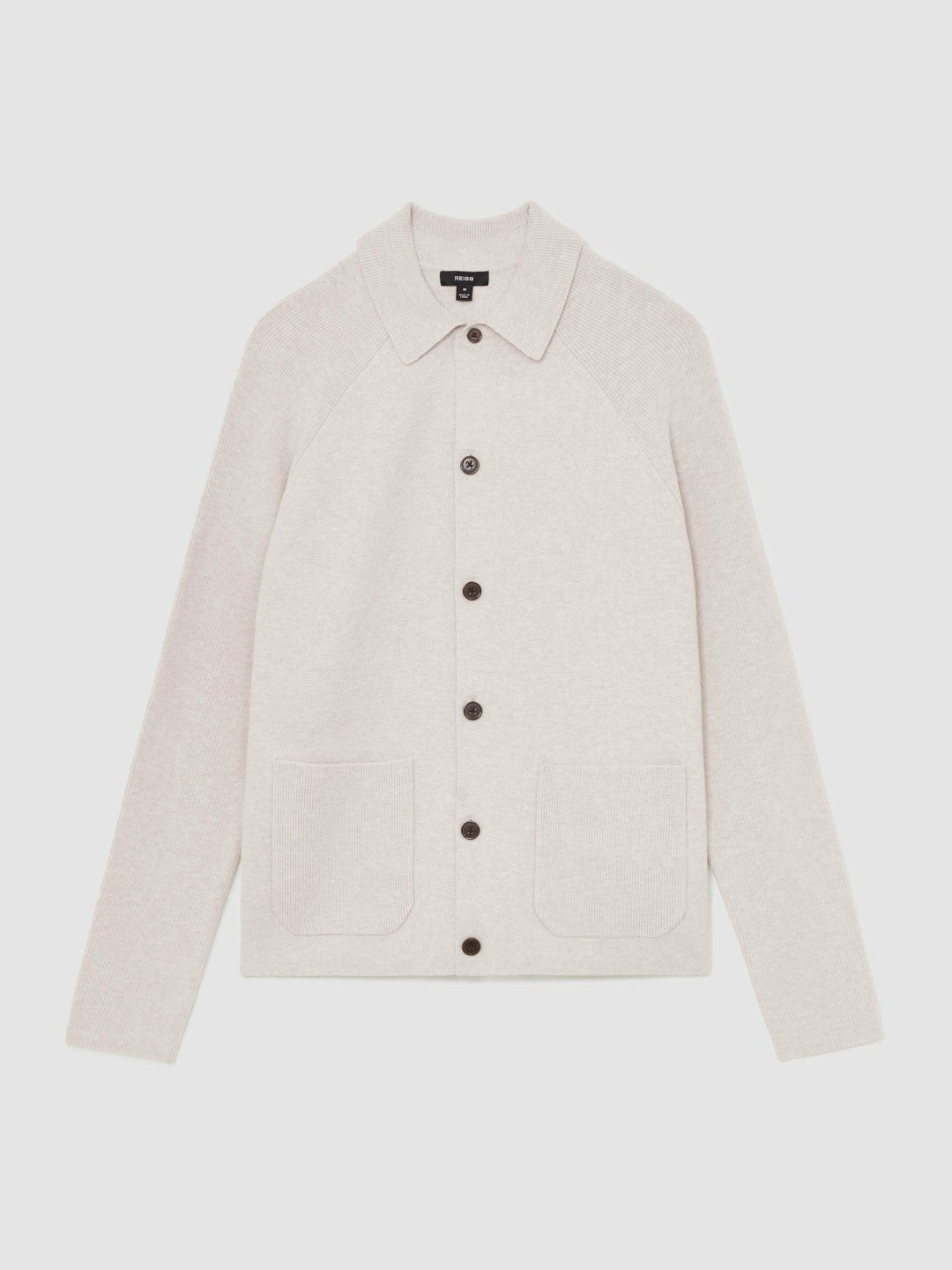 Reiss Button-Through Ribbed-Sleeve Shirt in Oatmeal Brown
