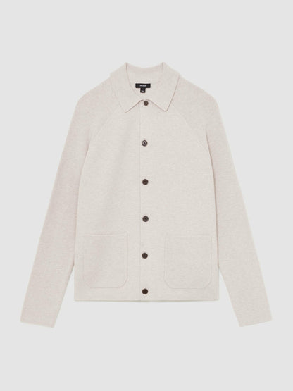 Reiss Button-Through Ribbed-Sleeve Shirt in Oatmeal Brown