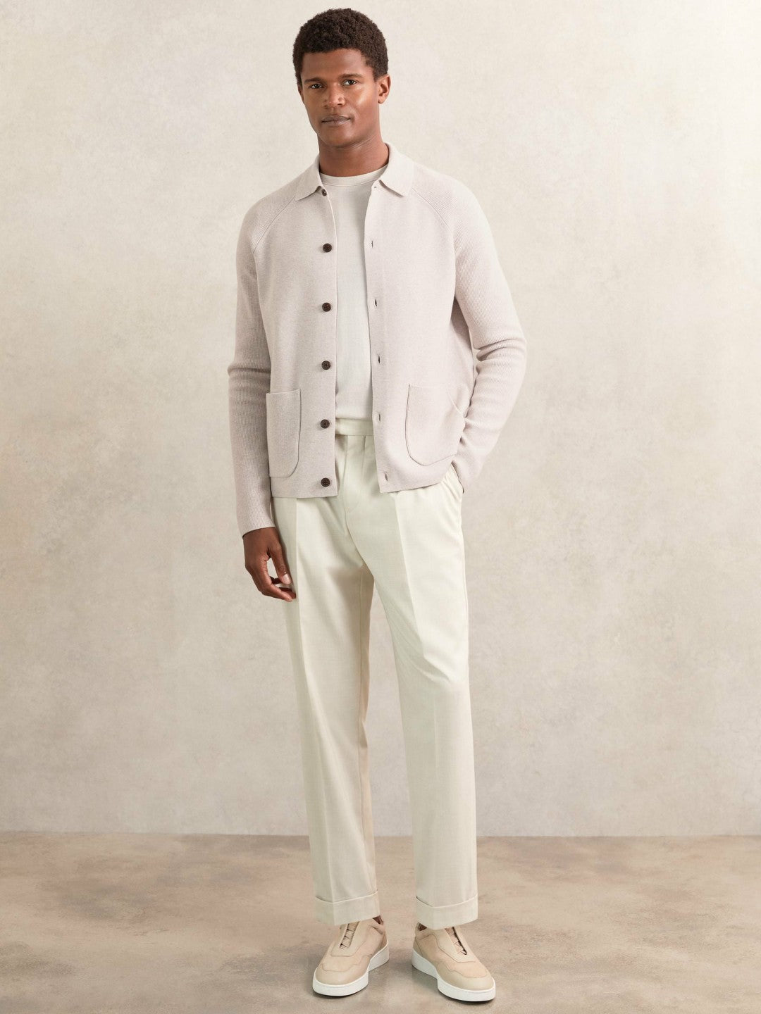Reiss Button-Through Ribbed-Sleeve Shirt in Oatmeal Brown
