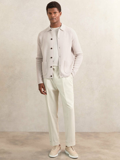 Reiss Button-Through Ribbed-Sleeve Shirt in Oatmeal Brown