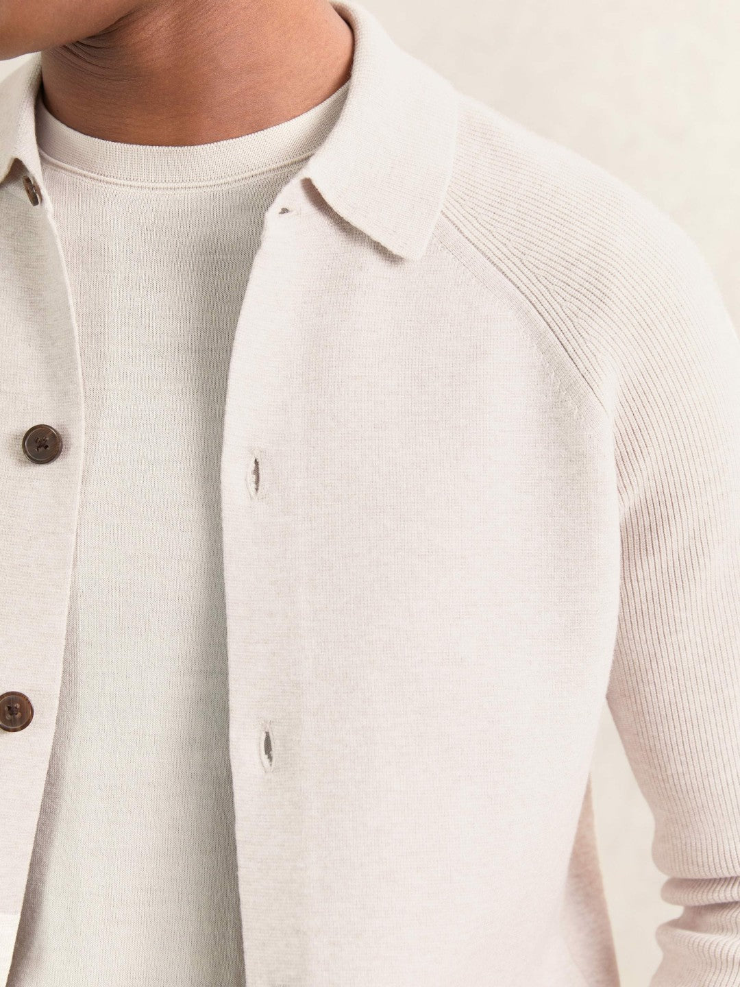 Reiss Button-Through Ribbed-Sleeve Shirt in Oatmeal Brown
