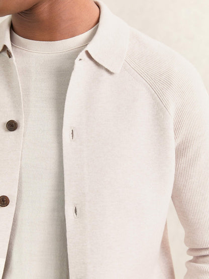Reiss Button-Through Ribbed-Sleeve Shirt in Oatmeal Brown