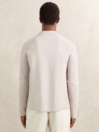 Reiss Button-Through Ribbed-Sleeve Shirt in Oatmeal Brown