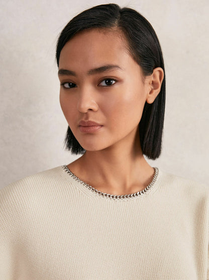Reiss Wool-Blend Necklace-Trim Jumper with Cashmere in Cream