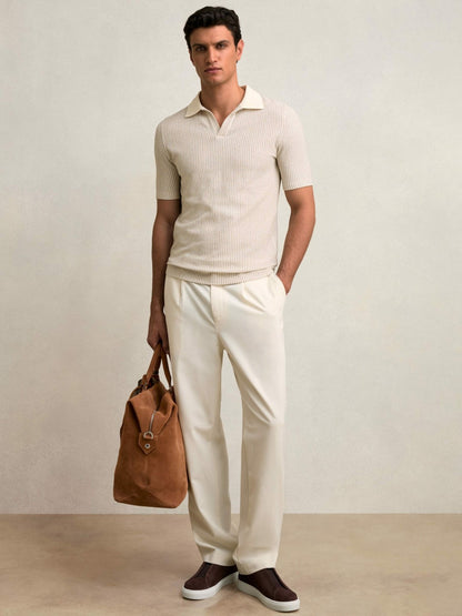 Reiss Cotton-Blend Stripe Polo Shirt in Ecru/Taupe Brown