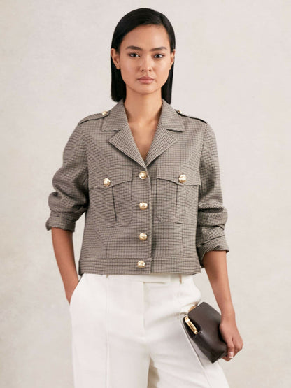 Reiss Wool Twin-Pocket Cropped Jacket in Neutral Check