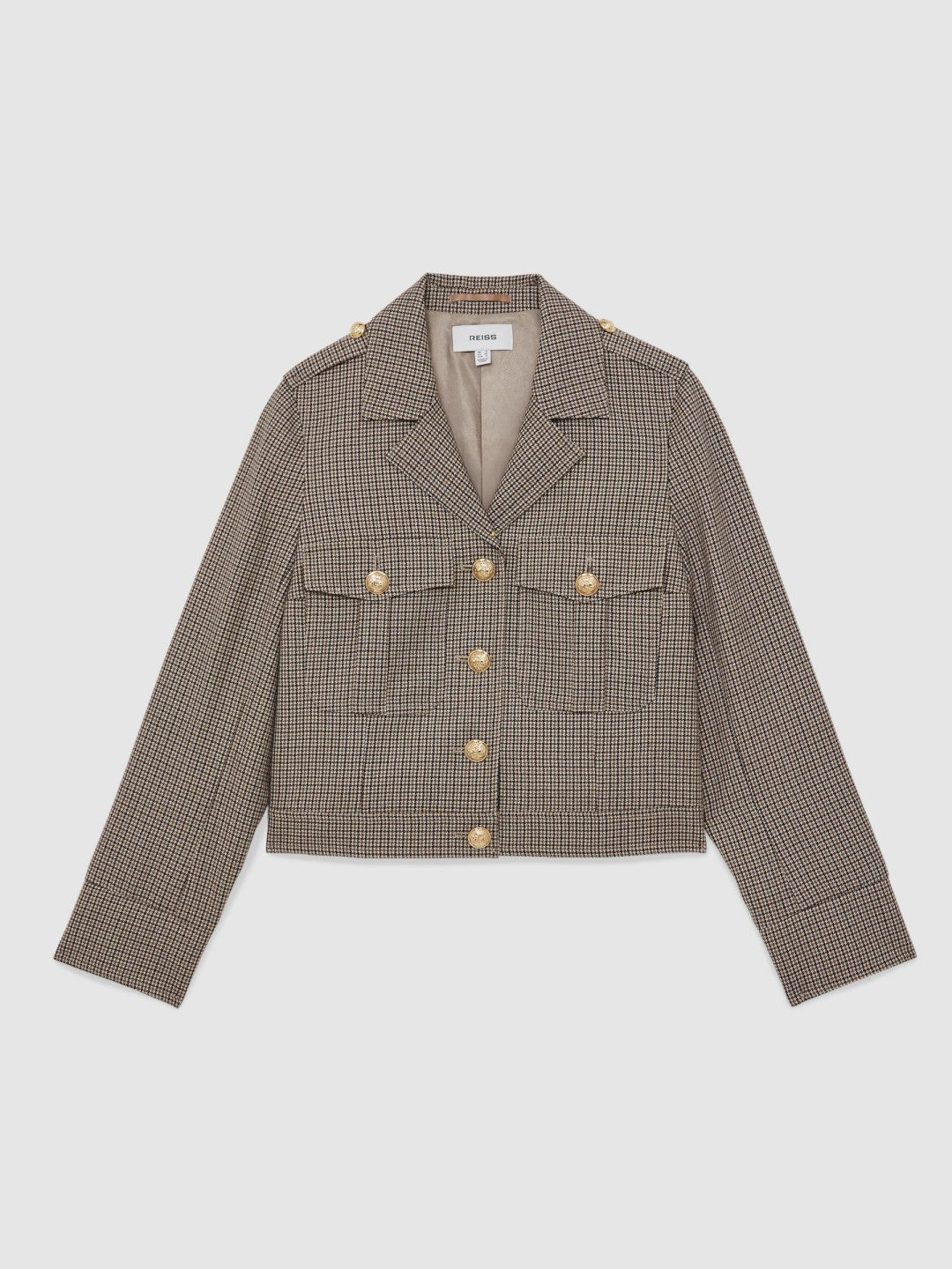 Reiss Wool Twin-Pocket Cropped Jacket in Neutral Check