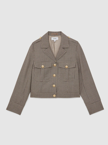 Reiss Wool Twin-Pocket Cropped Jacket in Neutral Check