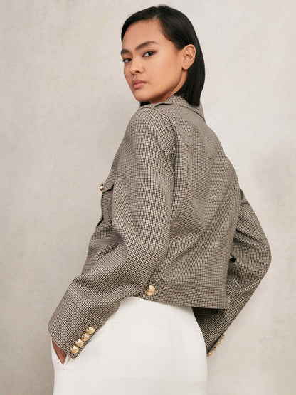 Reiss Wool Twin-Pocket Cropped Jacket in Neutral Check